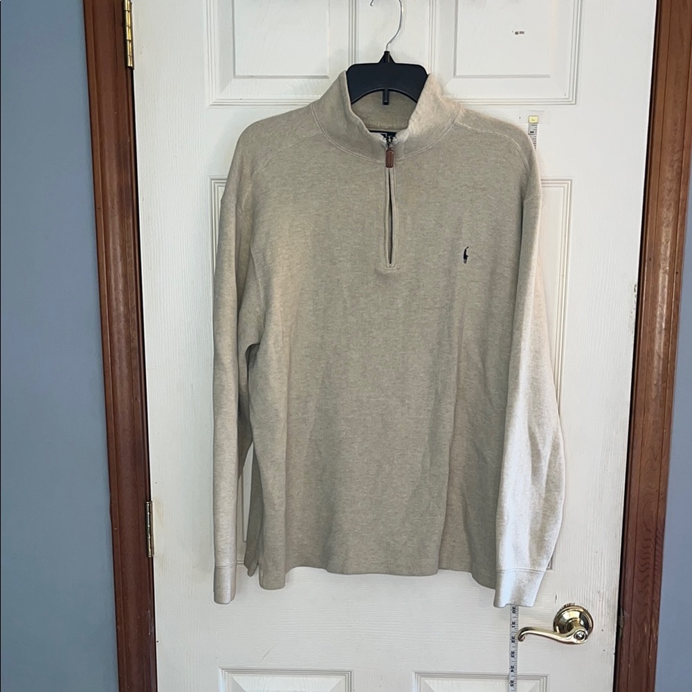 Polo by Ralph Lauren-L-Tan-preppy, Mock neck, Zip Up, long sleeve Sweater.